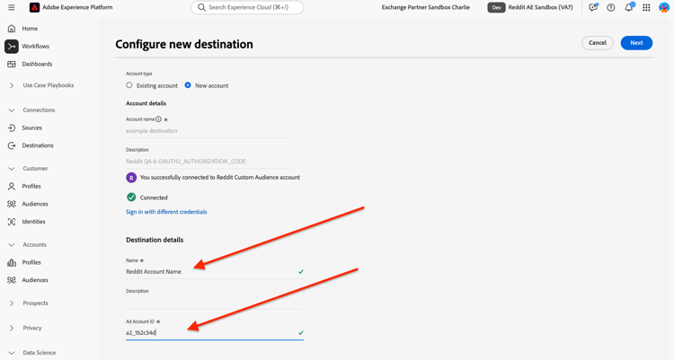 Écran de détails de la destination Reddit Custom Audience.
