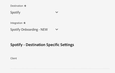 Image de l’interface utilisateur d’Experience Platform montrant les identifiants pris en charge pour la destination Spotify.