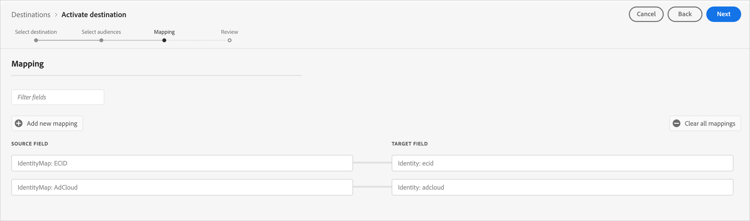 Capture d’écran de la section de mappage d’identité présentant les identifiants de cookie, les e-mails hachés, les options IDFA et GAID.