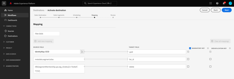 Image de l’interface utilisateur montrant l’étape de mappage pour Google Ad Manager 360.