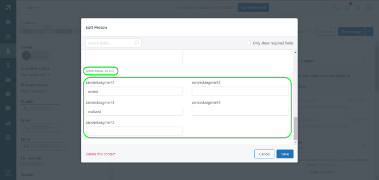 Capture décran de linterface utilisateur de Zendesk montrant la page Personne avec la section Champs supplémentaires affichant le nom de laudience et le statut de laudience.