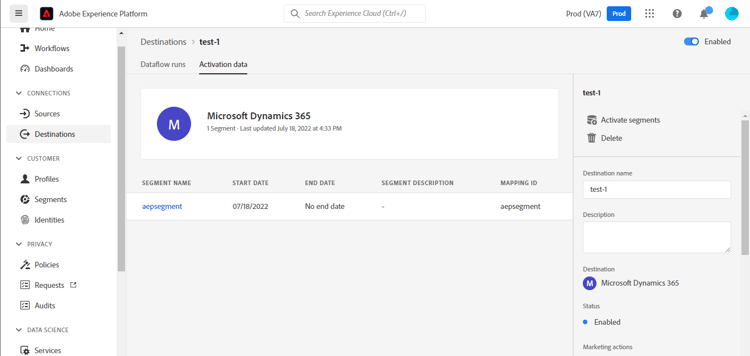 Exemple de capture d’écran de l’interface utilisateur de Platform montrant les données d’activation des destinations.