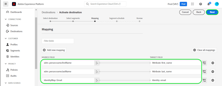 Exemple de capture d’écran de l’interface utilisateur de Platform avec mappages d’attributs.