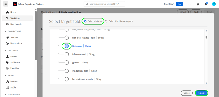 Copie d’écran de l’interface utilisateur de Platform en sélectionnant Prénom comme attribut cible.