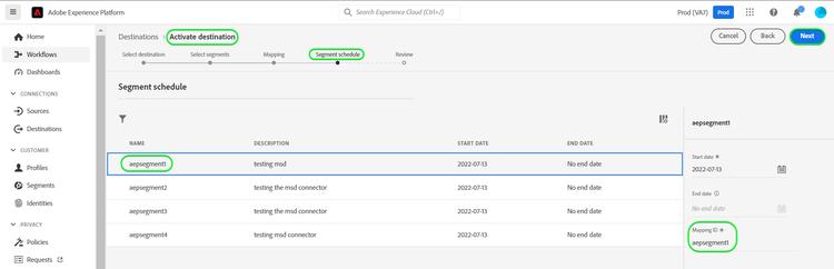 Exemple de capture d’écran de l’interface utilisateur de Platform montrant Planification de l’exportation des audiences.