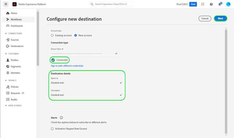 Capture d’écran de l’interface utilisateur de Platform montrant les détails de destination.