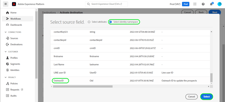 Copie d’écran de l’interface utilisateur de Platform montrant le mappage Source