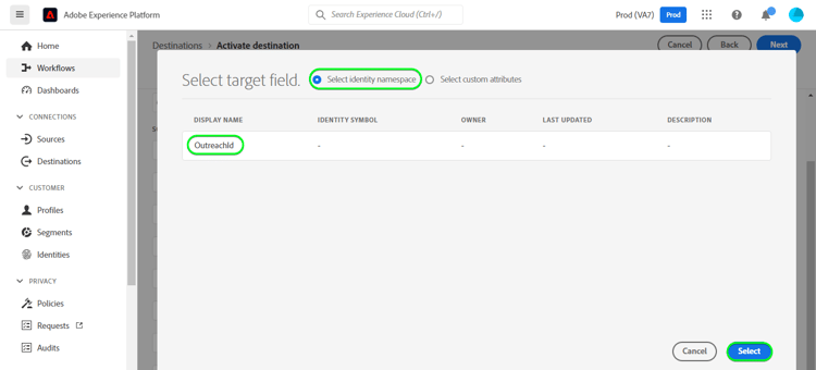 Copie d’écran de l’interface utilisateur de Platform montrant le mapping de ciblage à l’aide de l’identifiant de diffusion.