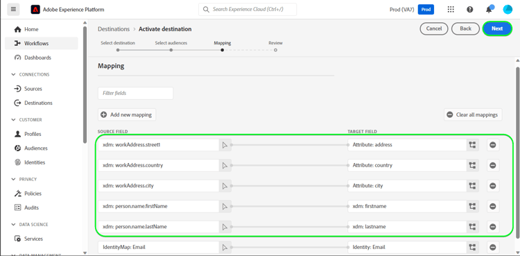 Exemple de capture d’écran de l’interface utilisateur de Platform avec mappages d’attributs.