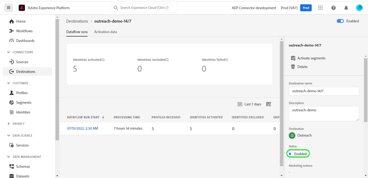 Copie d’écran de l’interface utilisateur de Platform montrant l’exécution du flux de données des destinations pour la destination sélectionnée.