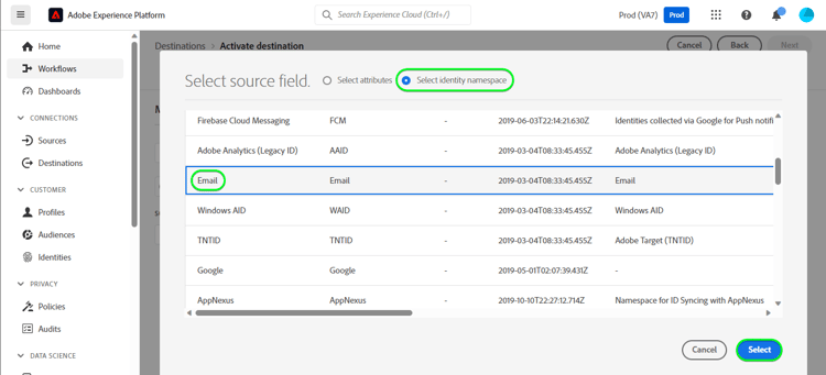 Copie d’écran de l’interface utilisateur de Platform en sélectionnant email comme attribut source à mapper comme identité.