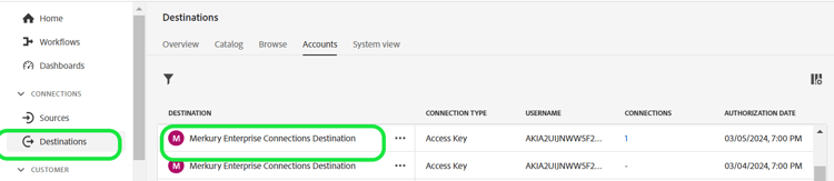 Capture d’écran du compte de destination dans la page des comptes de destination.