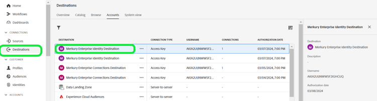 Capture d’écran du compte de destination dans la page des comptes de destination