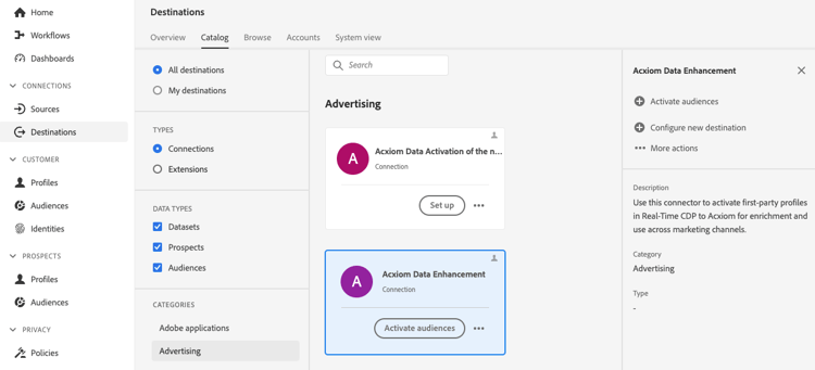 Catalogue de destinations avec la destination Acxiom sélectionnée.