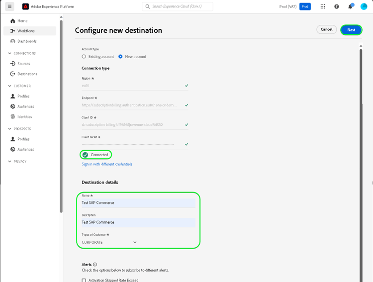 Image de l’interface utilisateur de Platform montrant les détails de destination à remplir après l’authentification.