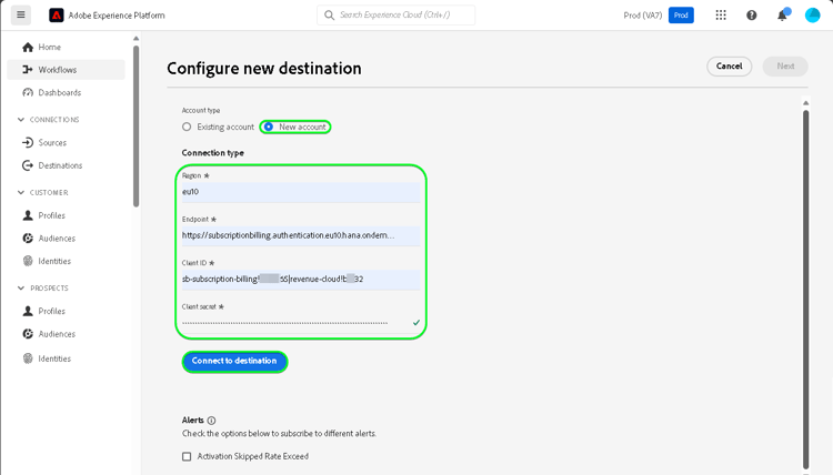 Image de l’interface utilisateur de Platform montrant comment s’authentifier à la destination.