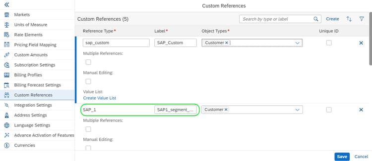 Image indiquant où créer une référence personnalisée dans la facturation d’abonnements SAP.