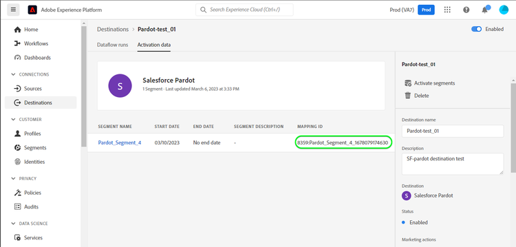 Exemple de capture d’écran de l’interface utilisateur de Platform montrant l’ID de mappage pour un segment sélectionné.