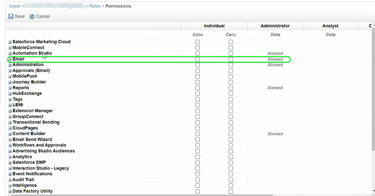 L’interface utilisateur de Marketing Cloud Salesforce affiche l’extension de données de courrier électronique avec les autorisations autorisées.