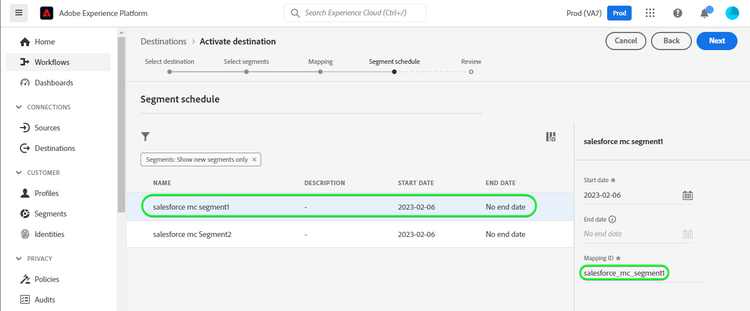 Exemple de capture d’écran de l’interface utilisateur de Platform montrant Planification de l’exportation d’audience.