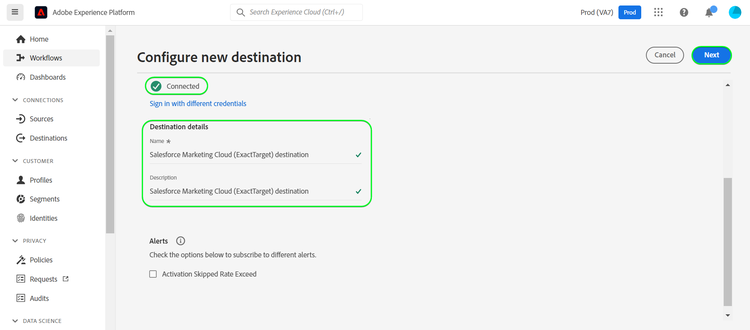 Capture d’écran de l’interface utilisateur de Platform montrant les détails de destination.