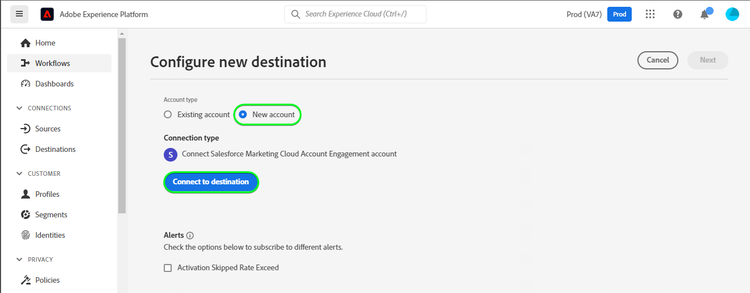 Capture d’écran de l’interface utilisateur de Platform montrant comment s’authentifier à Marketing Cloud Account Engagement.