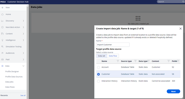Image de l’écran de l’interface utilisateur pour configurer les tâches de données dans le Concepteur de profil client