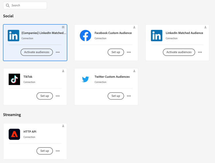 Destination du compte LinkedIn affichée dans l’interface utilisateur d’Experience Platform.
