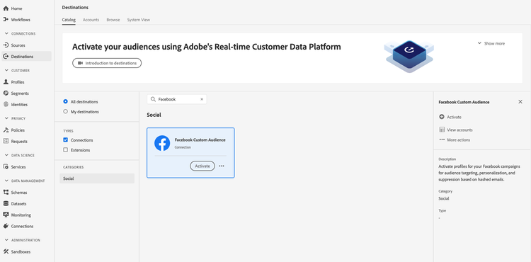 Destination facebook dans l’interface utilisateur de Adobe Experience Platform.
