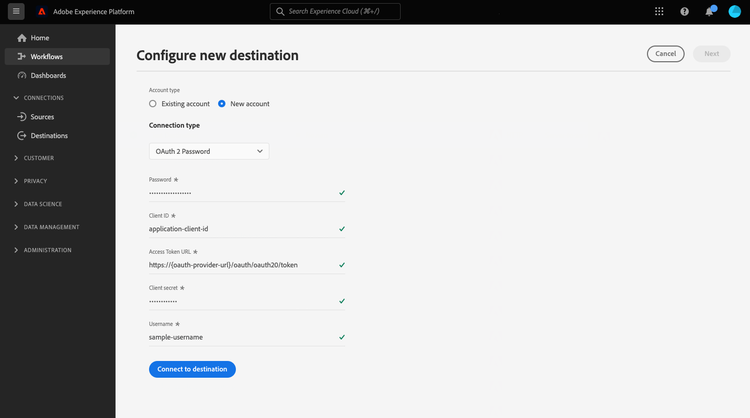 Image de lécran de linterface utilisateur où vous pouvez vous connecter à la destination de lAPI HTTP, à laide dOAuth 2 avec authentification par mot de passe.