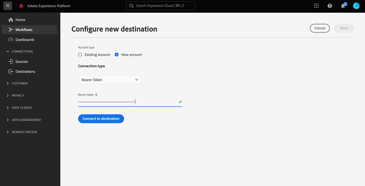 Image de l’écran de l’interface utilisateur où vous pouvez vous connecter à la destination de l’API HTTP, à l’aide de l’authentification par jeton porteur.