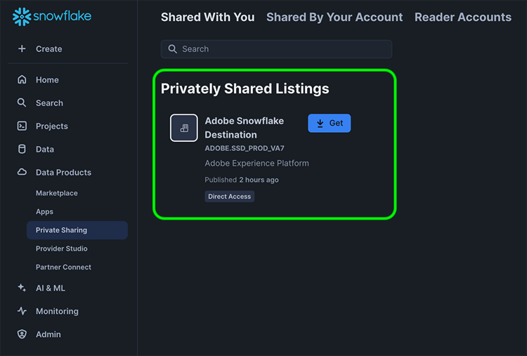 Capture d’écran affichant l’écran d’acceptation de la liste privée Snowflake