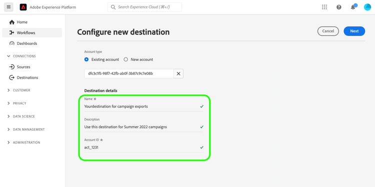 Exemple de capture décran montrant comment remplir les détails pour votre destination