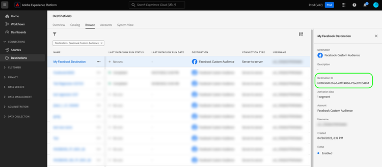 Image de l’interface illustrant comment obtenir l’identifiant d’instance de destination