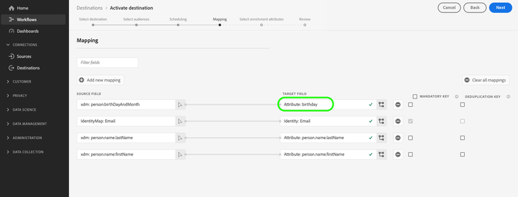 Fenêtre modale présentant les attributs de profil qui peuvent être exportés vers la destination.