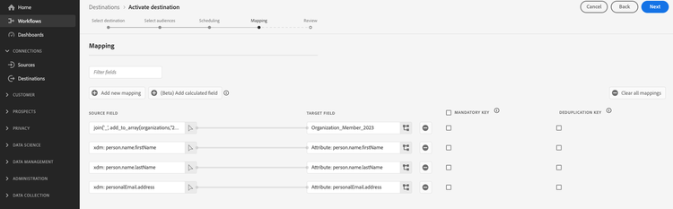 Exemple de mappage comprenant la fonction add_to_array .