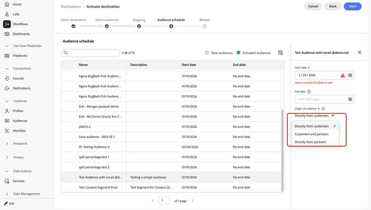 Le champ Origine de l’audience est mis en surbrillance avec son menu déroulant ouvert, affichant les options Directement auprès des clients, des clients et des partenaires, et Directement auprès des partenaires ​