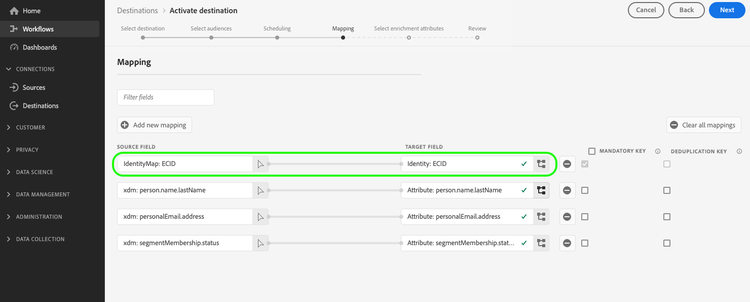 Mappage non pris en charge affichant les exportations d’identités.