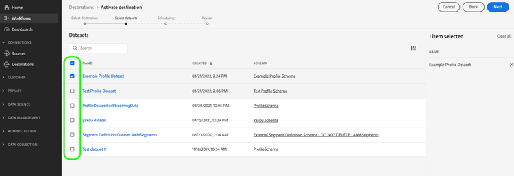 Workflow d’exportation des jeux de données présentant l’étape de sélection des jeux de données permettant de sélectionner les jeux de données à exporter.