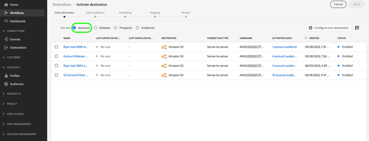 Workflow d’activation de la destination avec le contrôle des comptes en surbrillance.