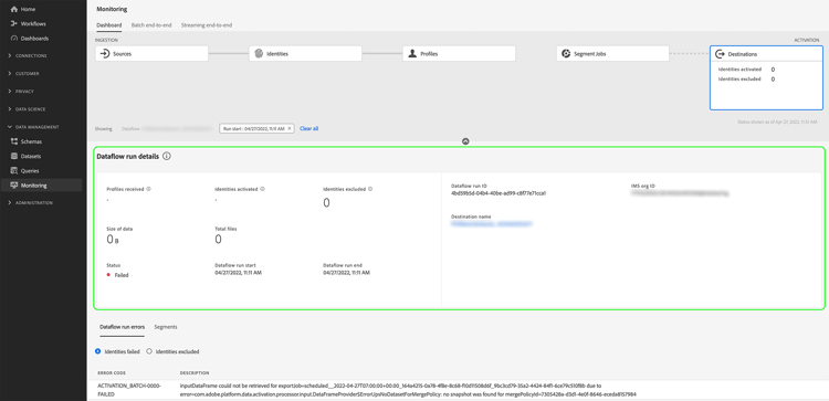 Image de l’interface utilisateur montrant la page des détails de l’exécution du flux de données.