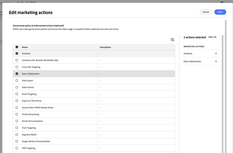 Image de l’interface utilisateur d’Experience Platform affichant l’écran de modification des actions marketing.
