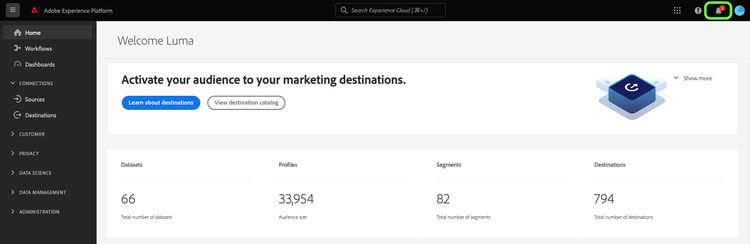 Image de l’interface utilisateur affichant l’icône de notification dans Experience Platform