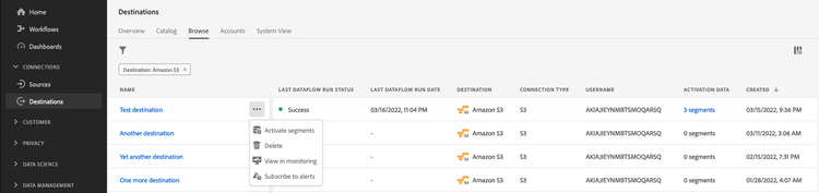 Image de l’interface utilisateur montrant les options de destination