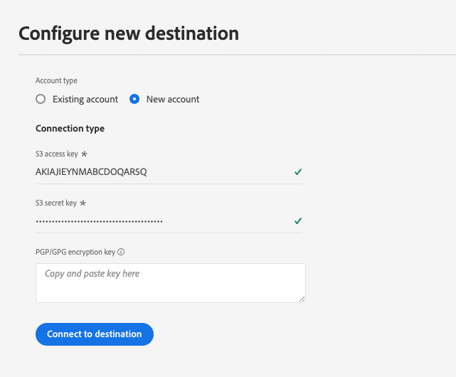Image montrant les paramètres d’entrée obligatoires et facultatifs lors de l’authentification vers une destination Amazon S3.