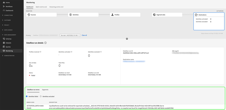 Image de l’interface utilisateur montrant la page des détails de l’exécution du flux de données, avec un surlignage sur la section des erreurs.