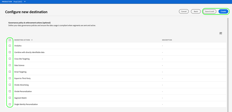 La boîte de dialogue Configurer une nouvelle destination avec les actions marketing disponibles en surbrillance. Les contrôles disponibles pour terminer le workflow Se connecter à la destination sont également mis en surbrillance.