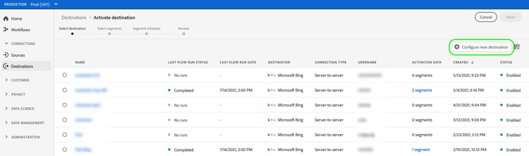 Copie d’écran de l’interface utilisateur d’Experience Platform, présentant une liste des destinations disponibles et l’option Configurer une nouvelle destination mise en surbrillance.