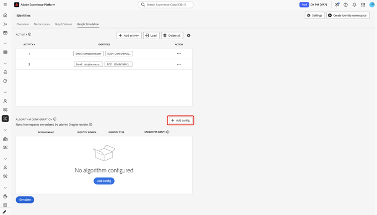 Zone de configuration des algorithmes avec Ajouter une configuration sélectionnée pour commencer à ajouter des règles de priorité d’espace de noms et d’unicité.