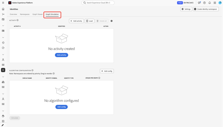 Espace de travail de simulation de graphique dans Identity Service présentant les zones Activité, Configuration des algorithmes et Graphique simulé pour la création et la prévisualisation d’un graphique d’identité.